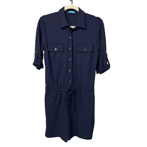 J. McLaughlin Westport Textured Stretch Short Sleeve Romper Navy Small Resort - Picture 1 of 5